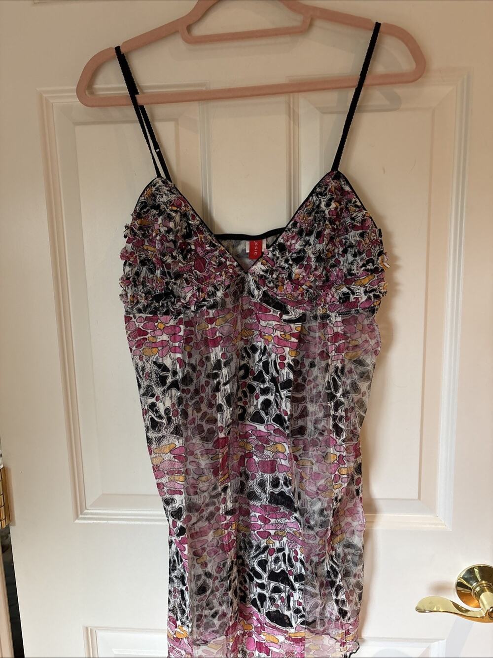 Vtg JOSIE NATORI Lace Babydoll Slip Dress Nightie Sz L purple black print EUC